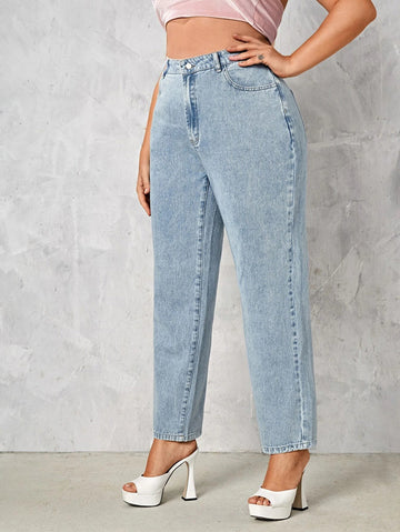 Woochic Pantalon grande taille large denim stretch taille haute, long